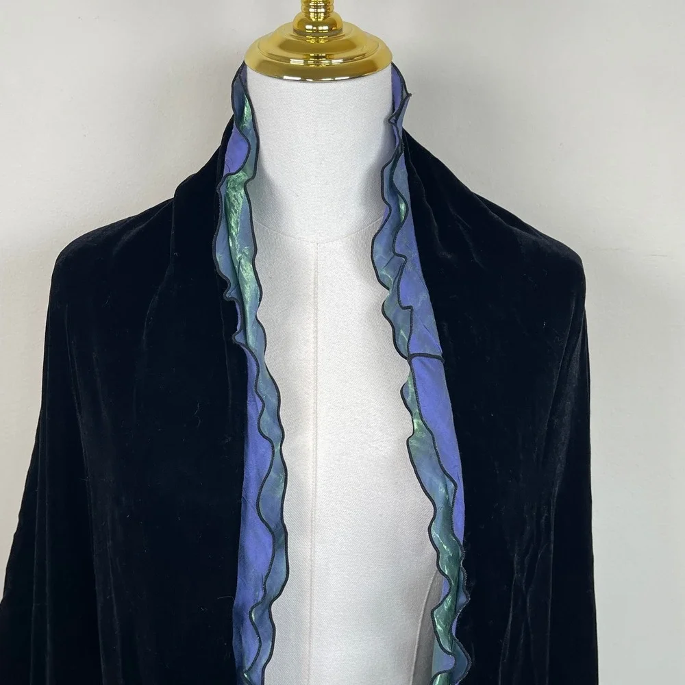Vintage Velvet Iridescent Ruffle Wrap Shawl Women Black Blue Green Metallic Trim